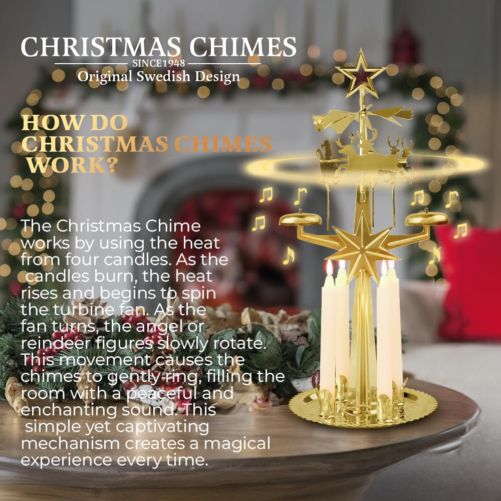 Original Swedish Christmas Chimes, Santa, Carousel and 4 Candles - Scandinavian Spinning Festive Chimes for Christmas, Best Memo